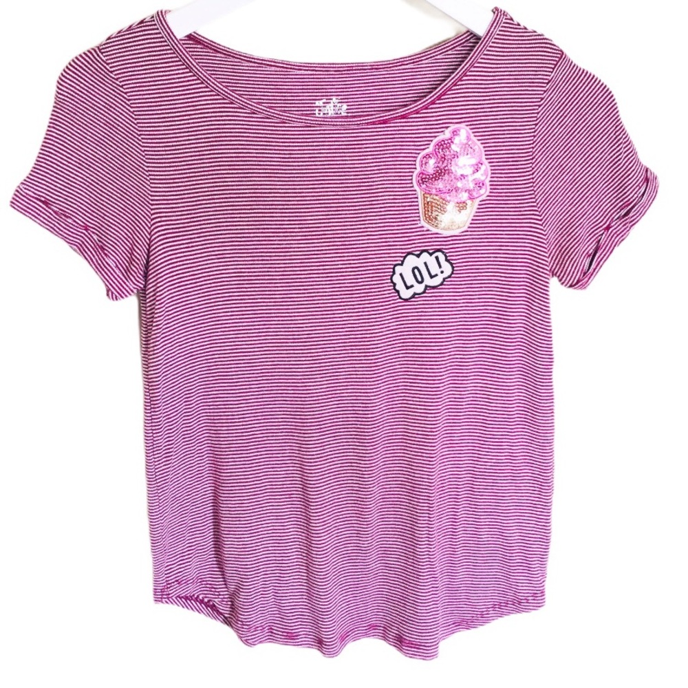 JUSTICE LOL Ice Cream Sequin Detail Stripe Top/Tee With Cap Sleeve Pink Girl 14Y